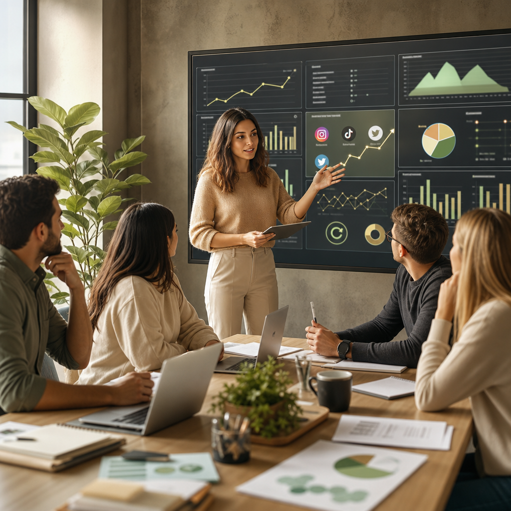 Analista revisando el rendimiento de la competencia en redes sociales con Claude AI en un panel