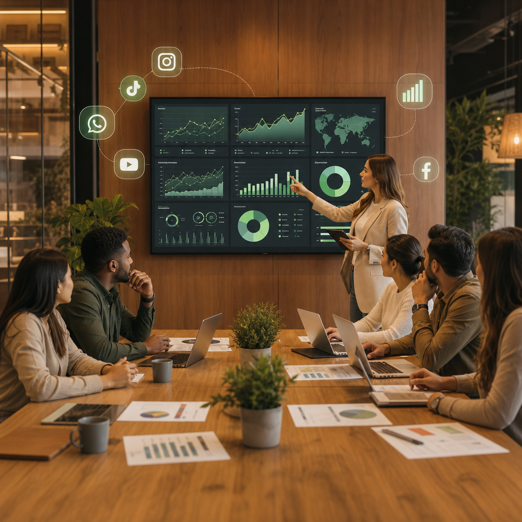 Dashboard-style social media reporting workflow with AI analysis tools