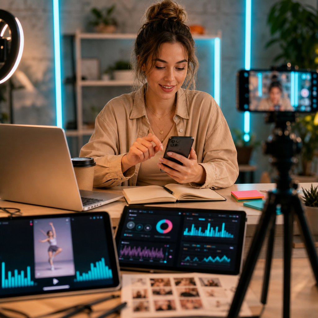 Créateur analysant les chansons TikTok tendance sur un tableau de bord mobile pour une stratégie de croissance en 2026.