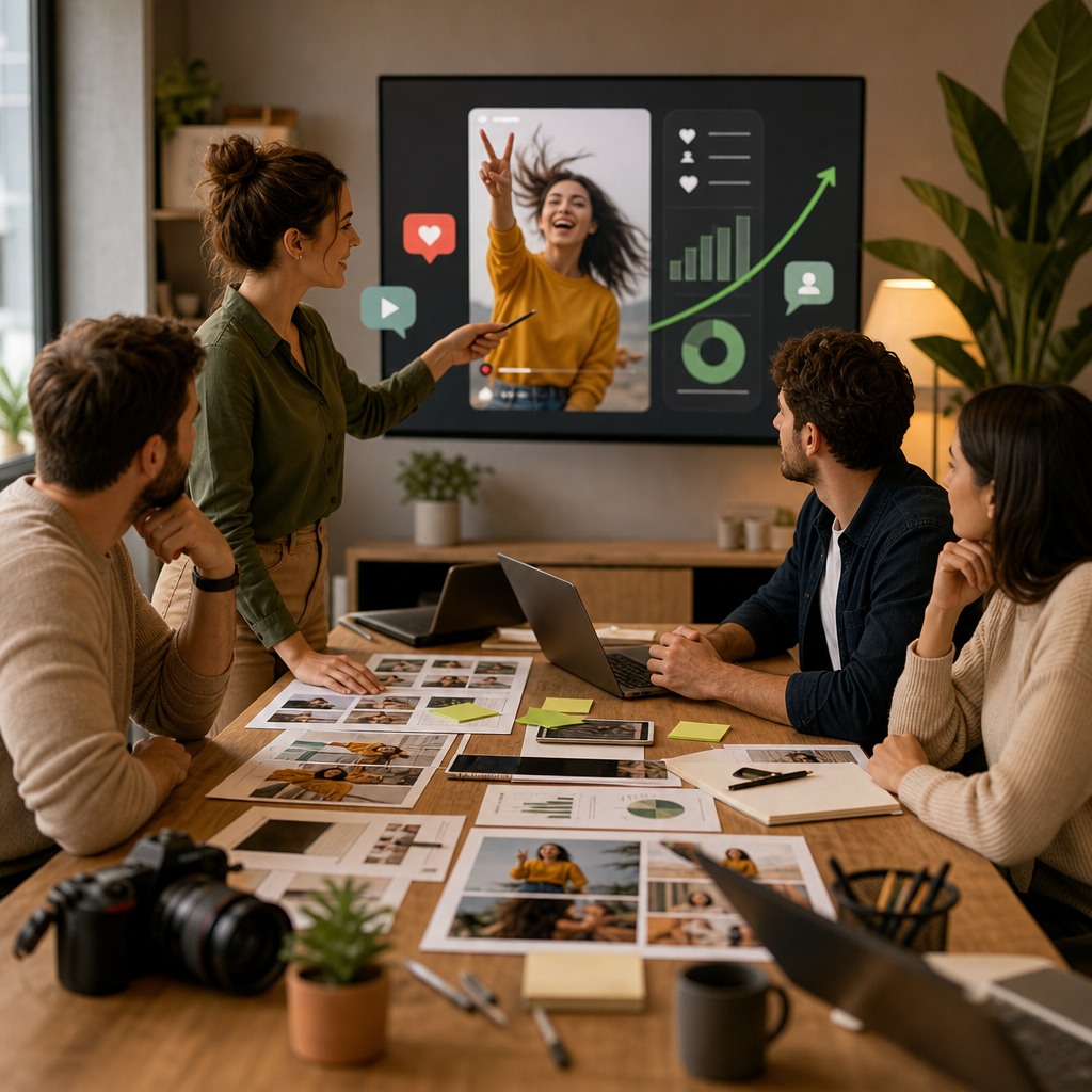 Creator che modifica un video virale sui social da smartphone con dati di performance sullo sfondo