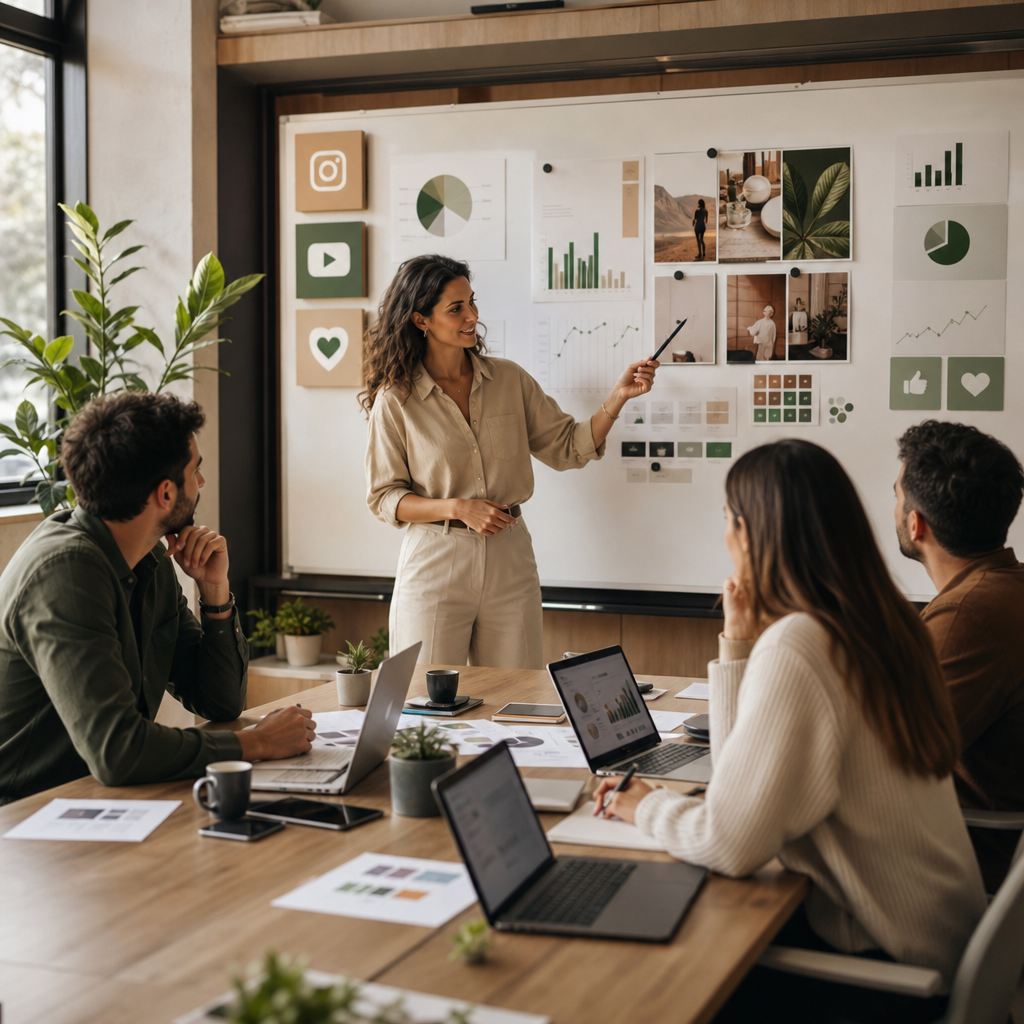 Social media manager freelance che analizza metriche, calendario dei contenuti e performance di campagna su un laptop.