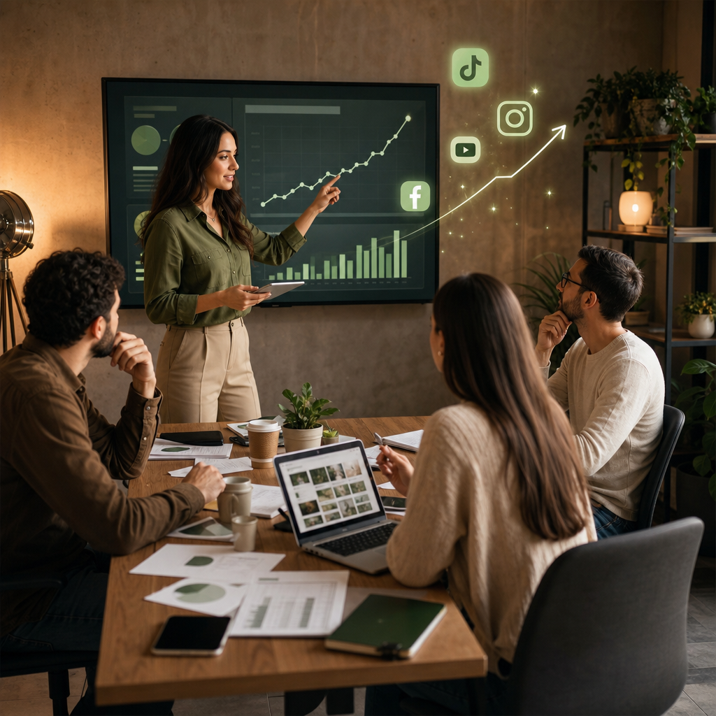Equipe analisando metas de redes sociais, KPIs e dashboards de desempenho para planejar 2026