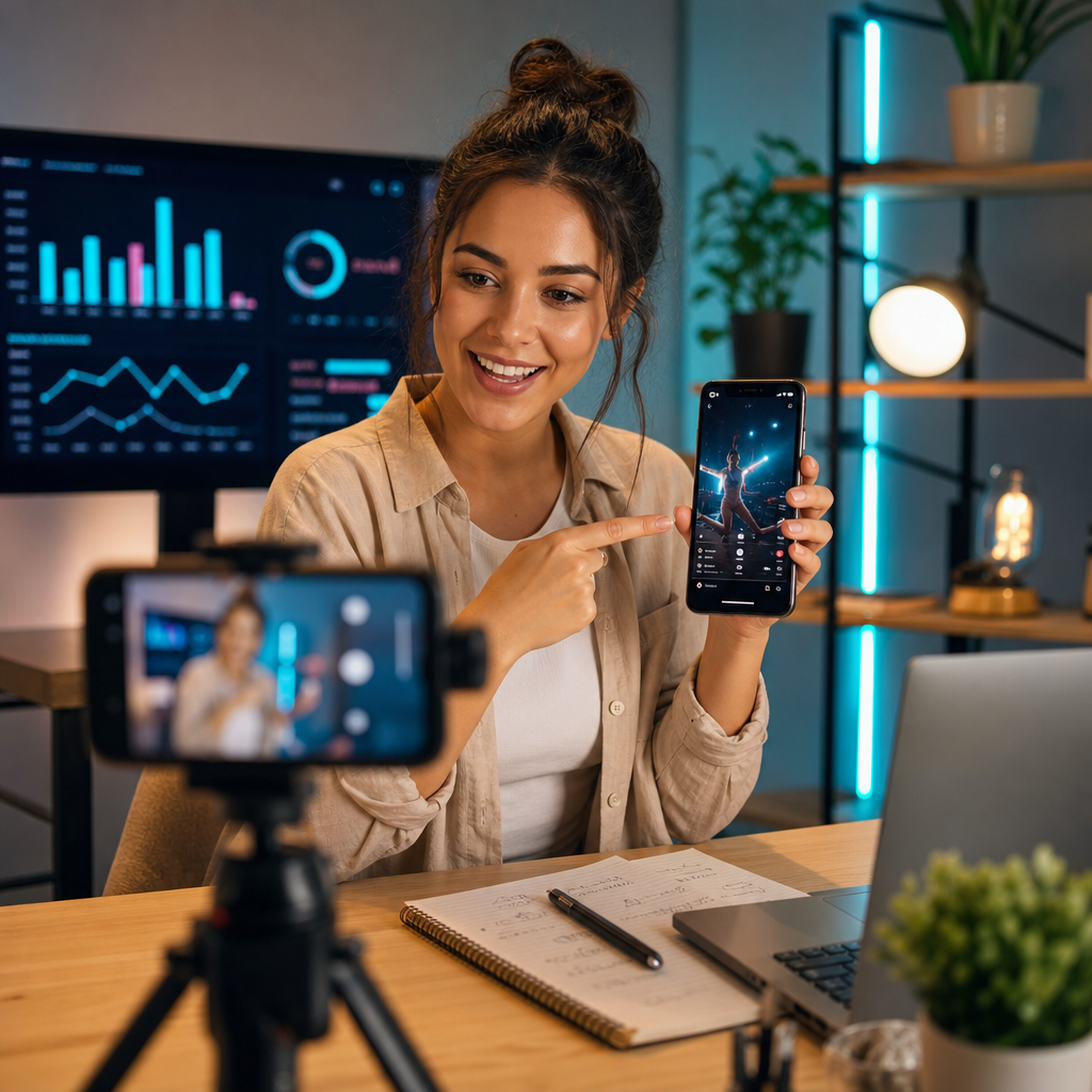 Criador analisando métricas de vídeos no TikTok para crescer visualizações e seguidores.