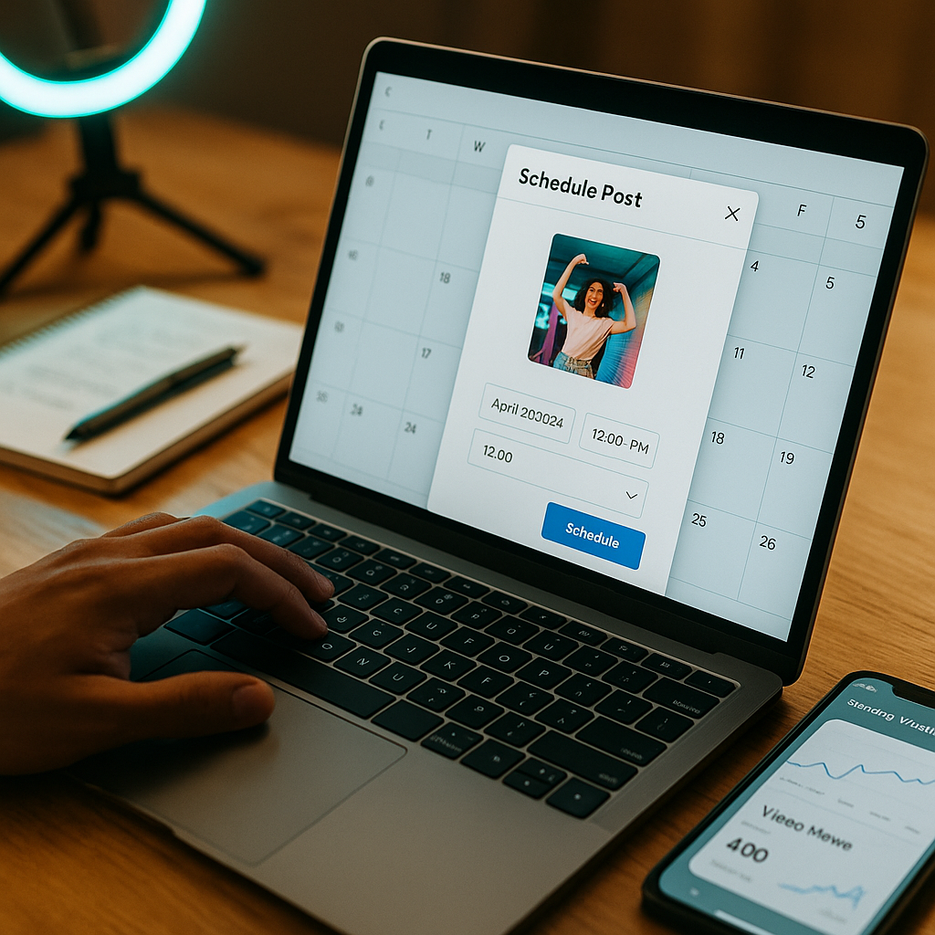 Persona programando publicaciones de TikTok en un portátil con calendario y reloj
