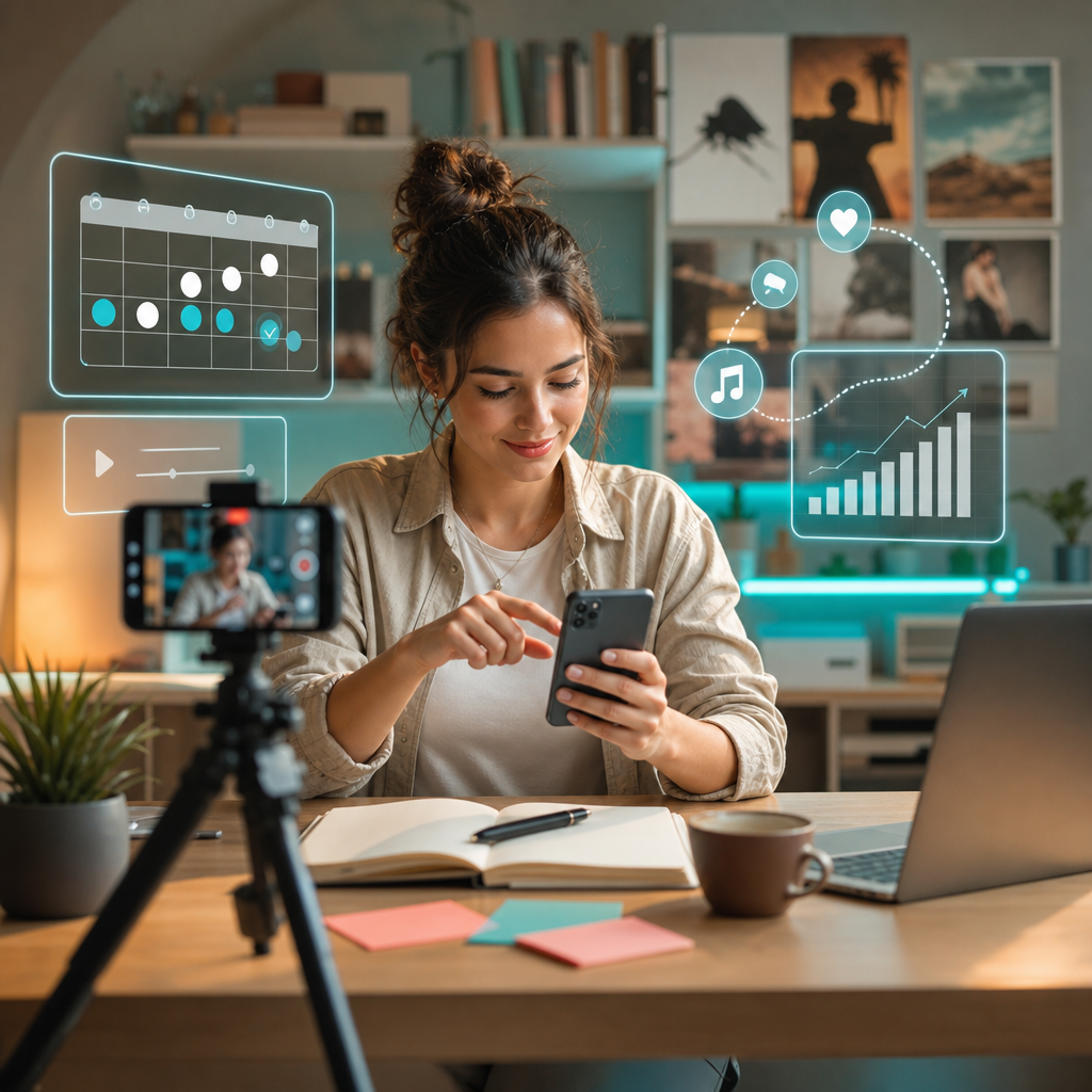 Creador programando publicaciones en TikTok en un portátil con un calendario de contenido abierto