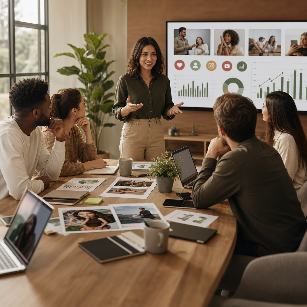 Equipo planificando una estrategia de marketing en redes sociales para una campaña con influencers en una laptop.