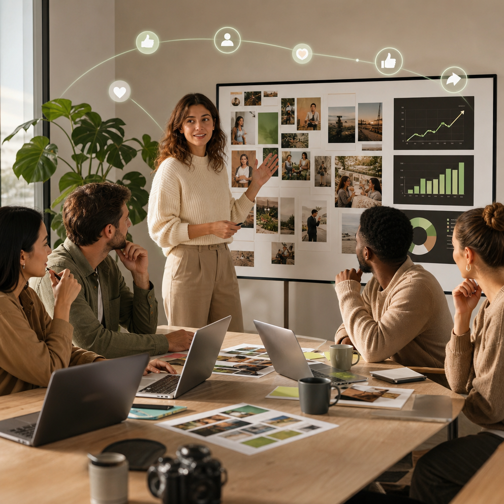 Equipo revisando ideas de contenido generado por usuarios para una estrategia de marketing en redes sociales en 2026