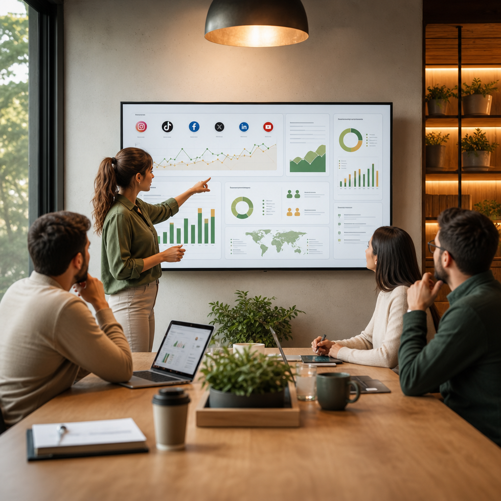 Un dashboard moderno de redes sociales con gráficos, KPIs y widgets de reporting