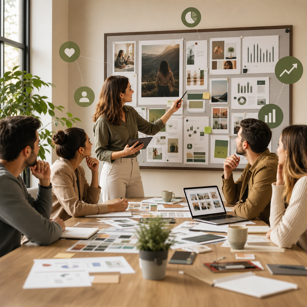 Un equipo de marketing revisando métricas de campañas en redes sociales en un portátil y una tableta