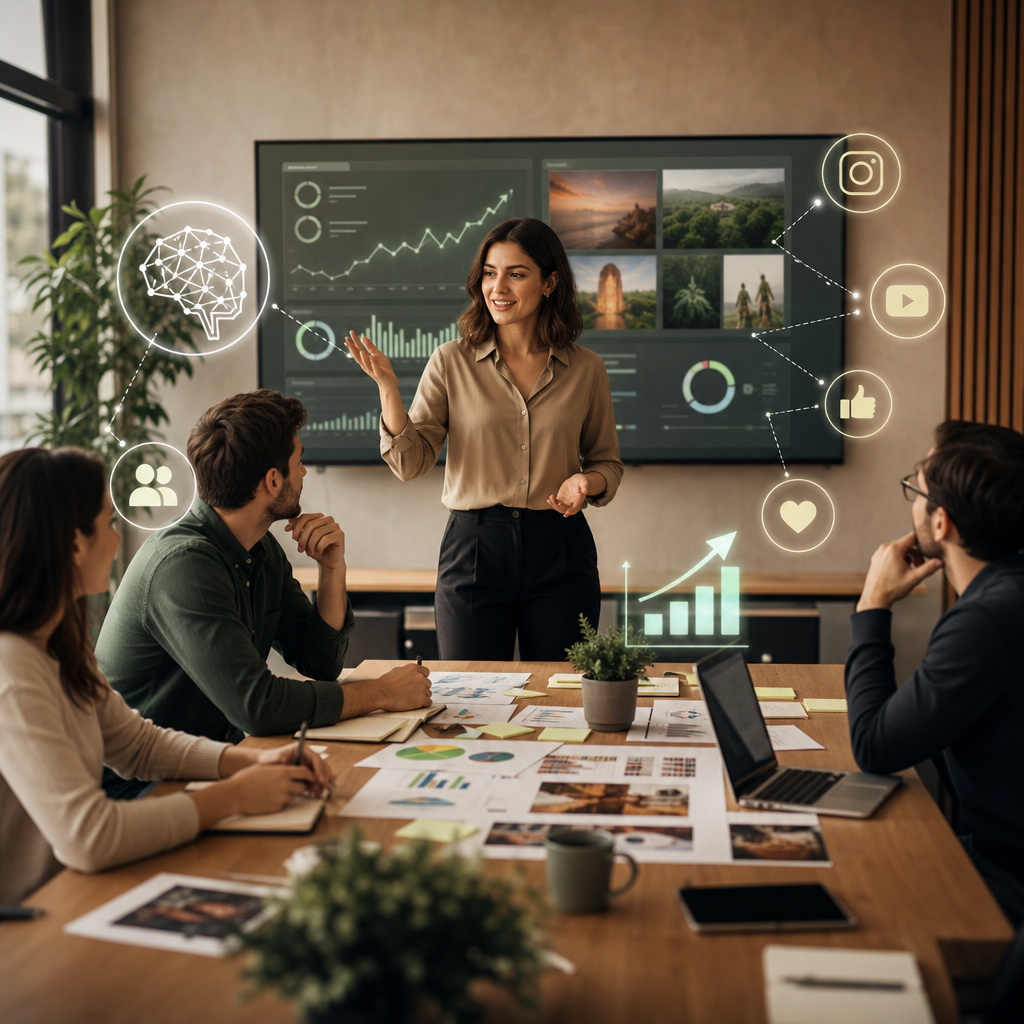 Person planning a social media marketing strategy with AI tools on a laptop dashboard