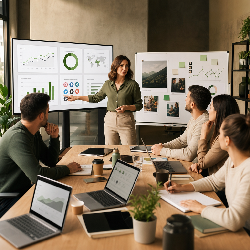 Equipo enterprise de redes sociales evaluando paneles, aprobaciones y analítica para una estrategia de marketing en redes sociales.