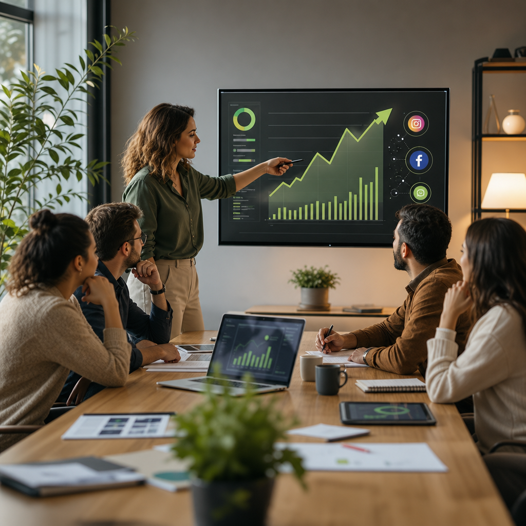 Ilustración de anuncios de IA de Meta en un panel de redes sociales con analítica de marketing