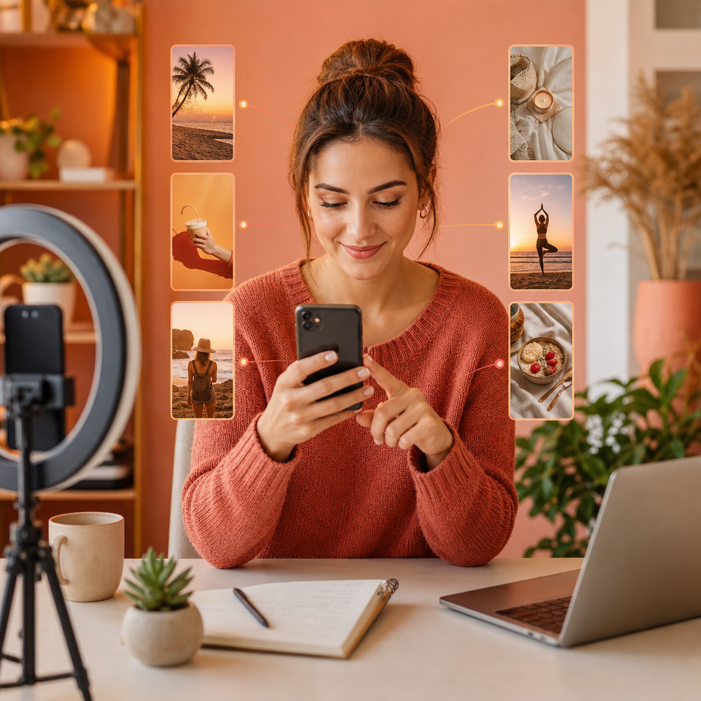 Persona adaptando contenidos para Instagram, TikTok y LinkedIn con enfoque de crossposting