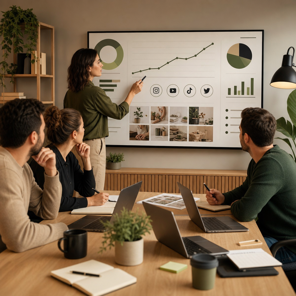 Persona planificando una estrategia de marketing en redes sociales con Claude en un portátil