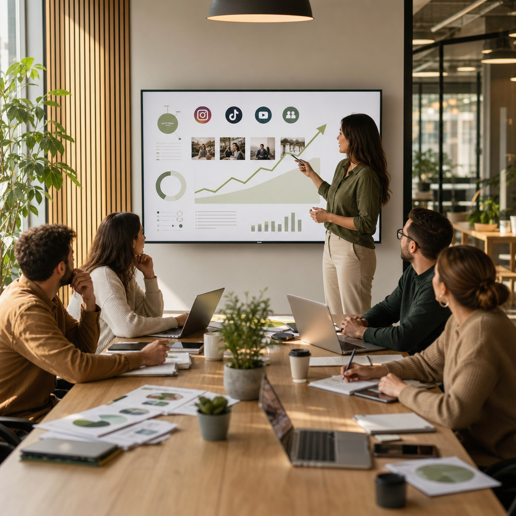 Equipo planificando una estrategia de marketing en redes sociales con analíticas de plataforma en una laptop