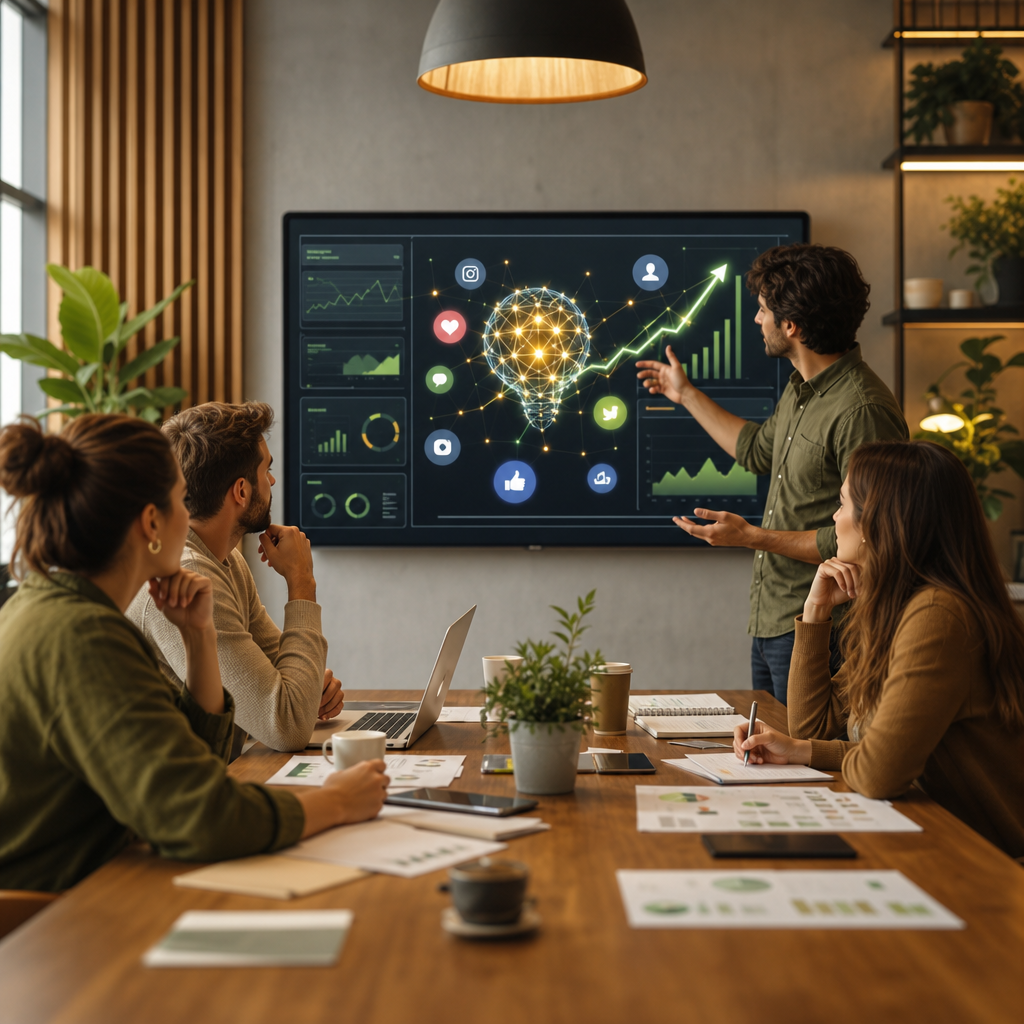 Equipo de marketing revisando analítica de redes sociales y conceptos de contenido asistidos por IA