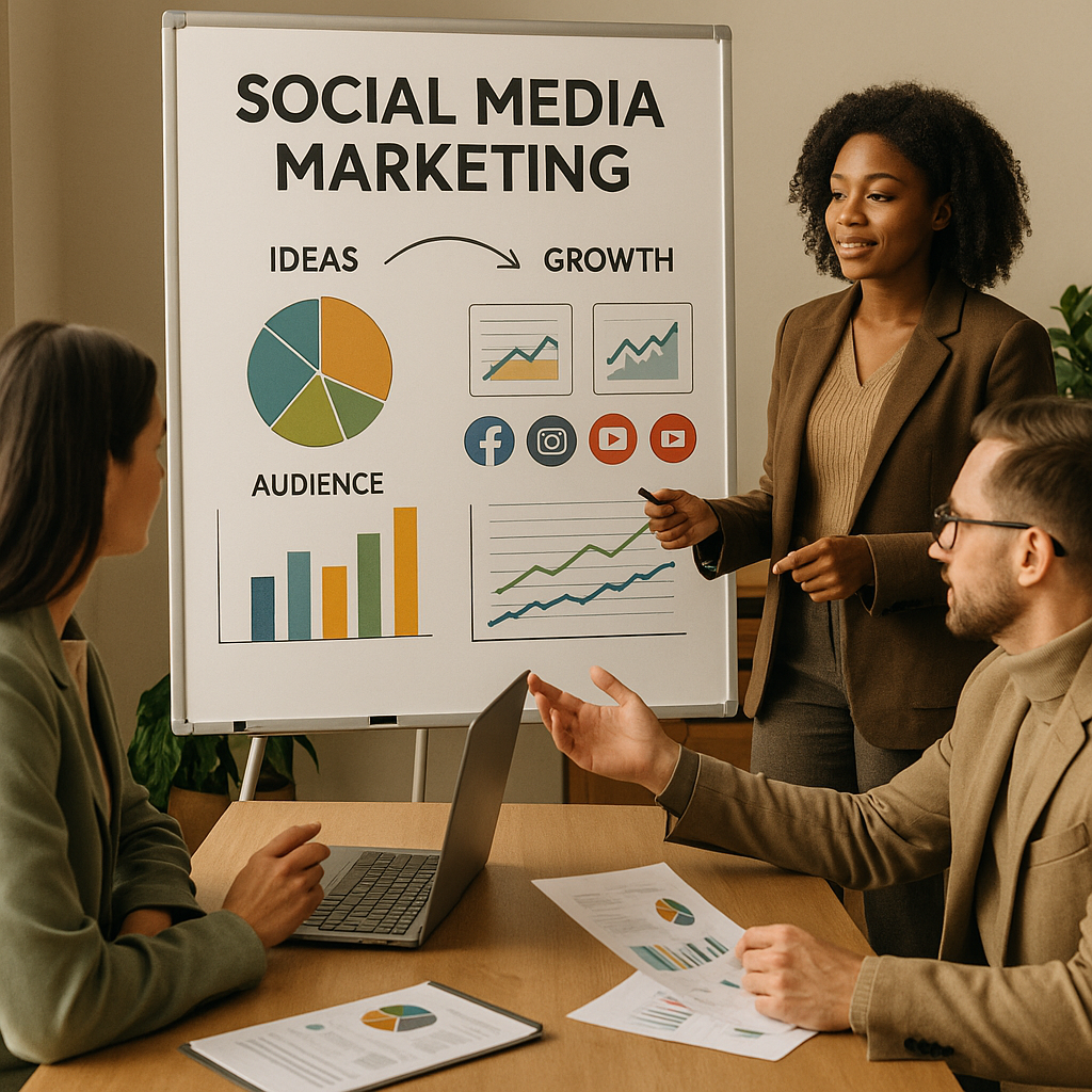 Equipo coordinando tareas de redes sociales en un tablero de proyecto
