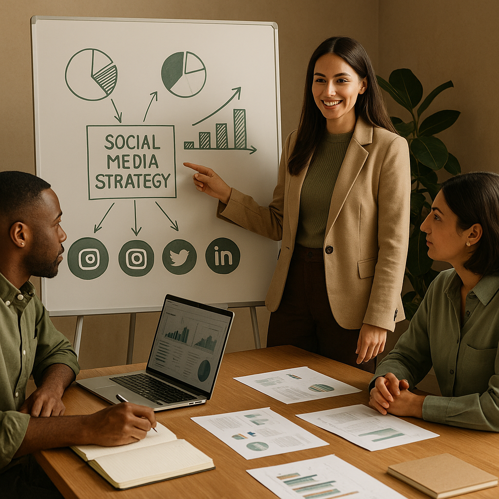 Equipe coordenando tarefas de redes sociais em um quadro de projetos