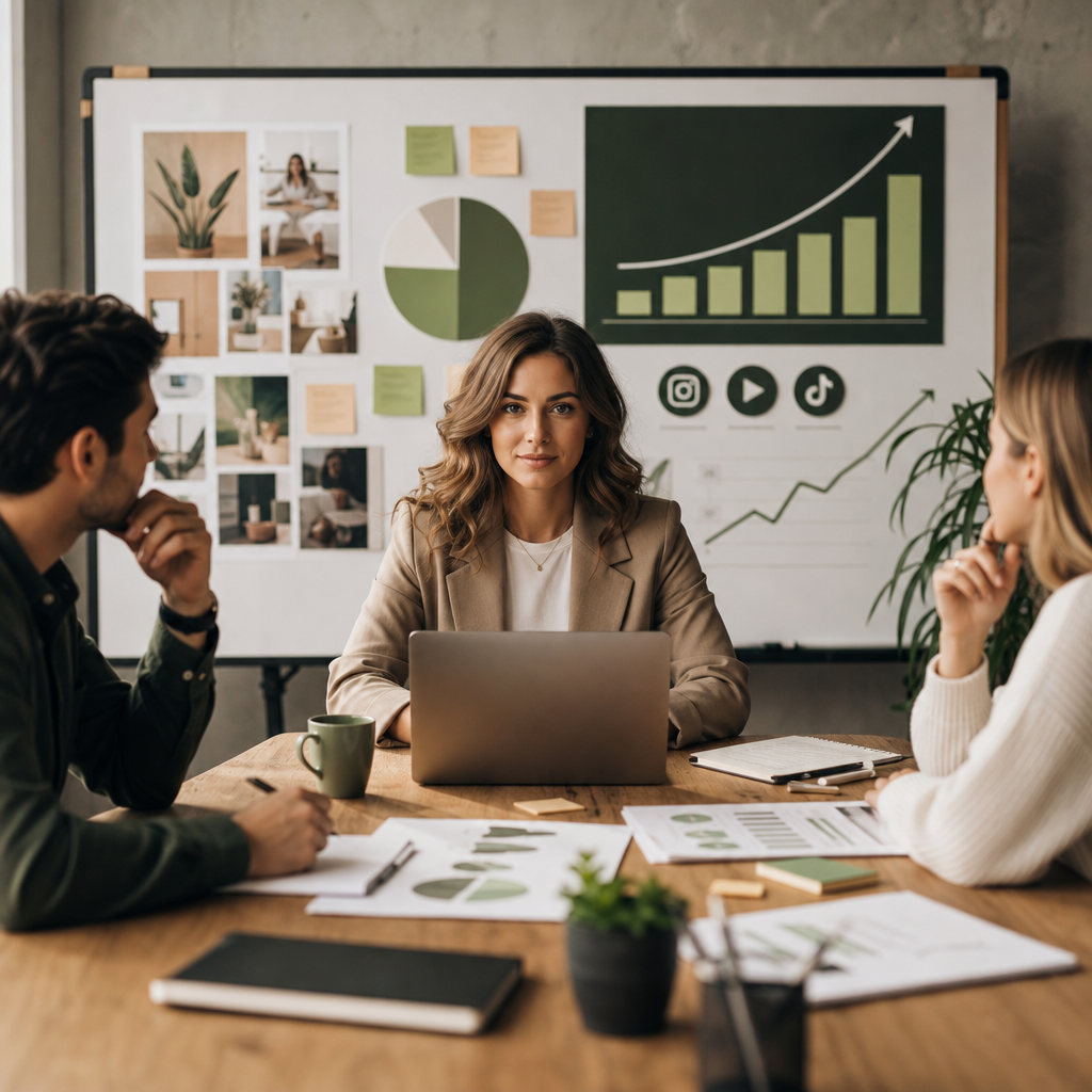 Freelance Social Media Manager analysiert auf einem Laptop Analytics, Content-Kalender und Kampagnenleistung.