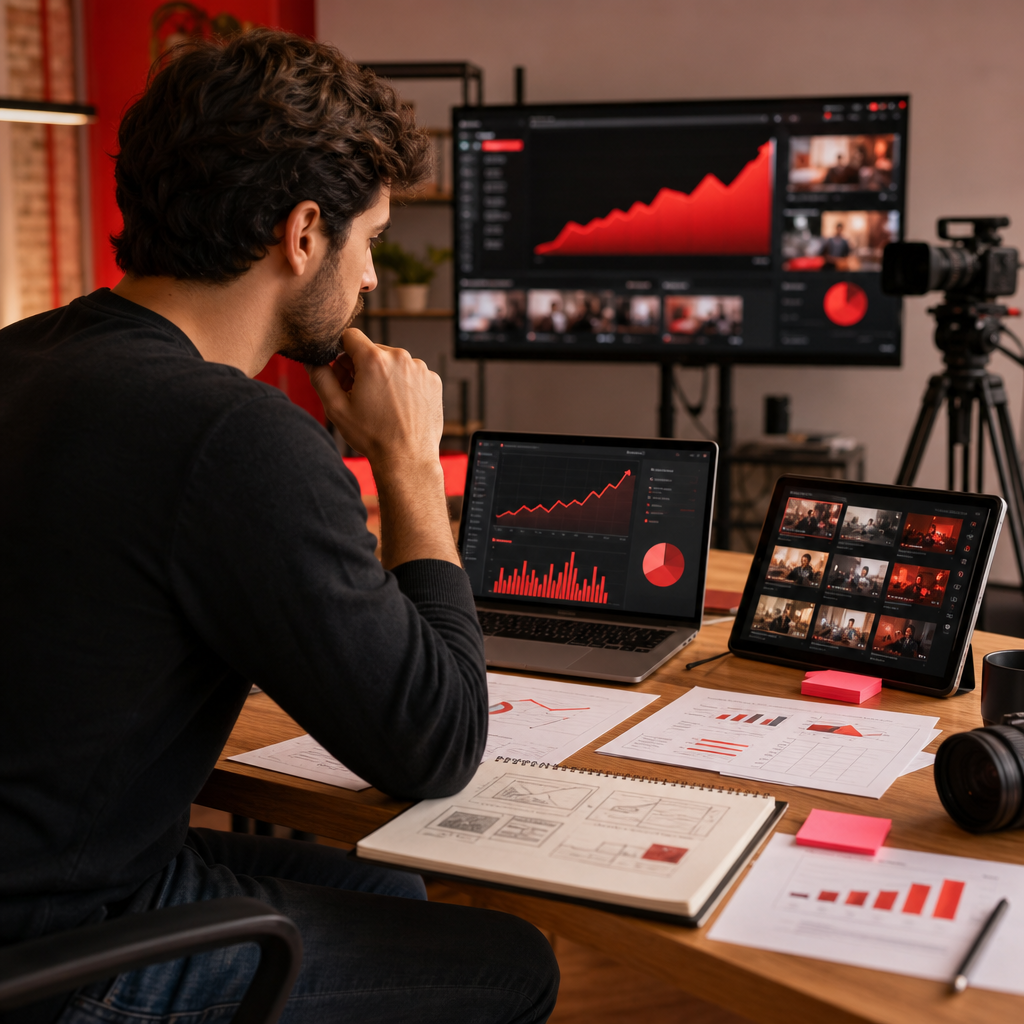 Painel de analytics do YouTube com gráficos de crescimento de inscritos e métricas de criadores