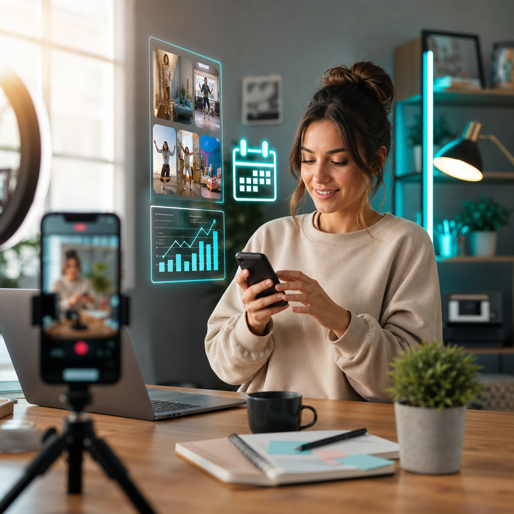 Content creator plant TikTok-posts op een laptop met een contentkalender open
