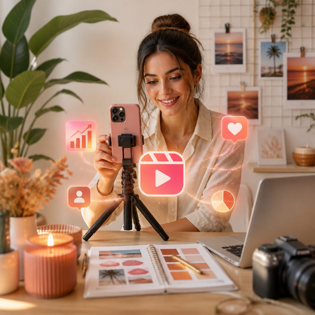 Phone displaying Instagram Reels analytics and engagement metrics