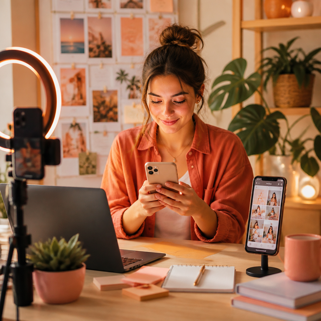 Pantalla de Instagram con Reels, Stories, Posts y análisis