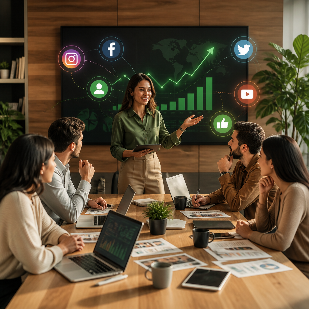 Team analyseert social media metrics en campagneprestaties op schermen