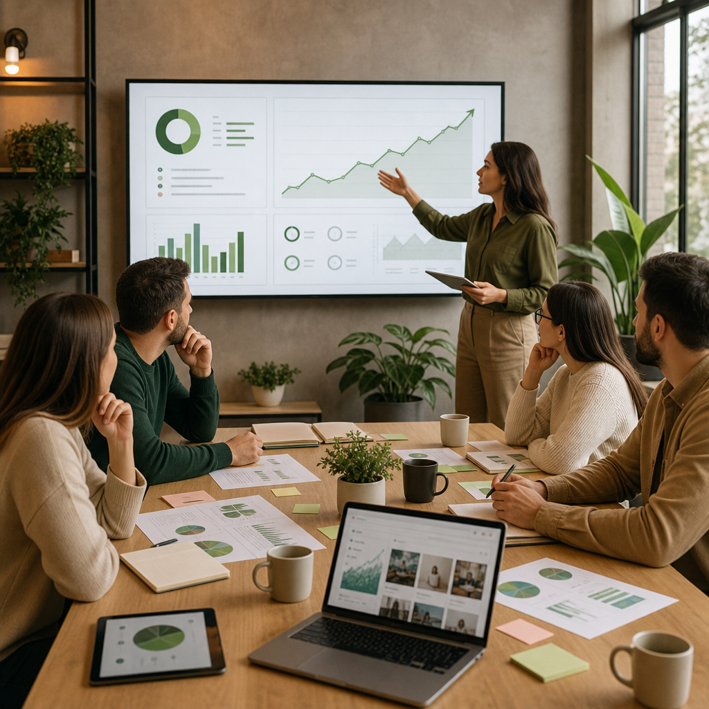 Equipe de negócios analisando métricas da estrategia de marketing em redes sociais em um painel