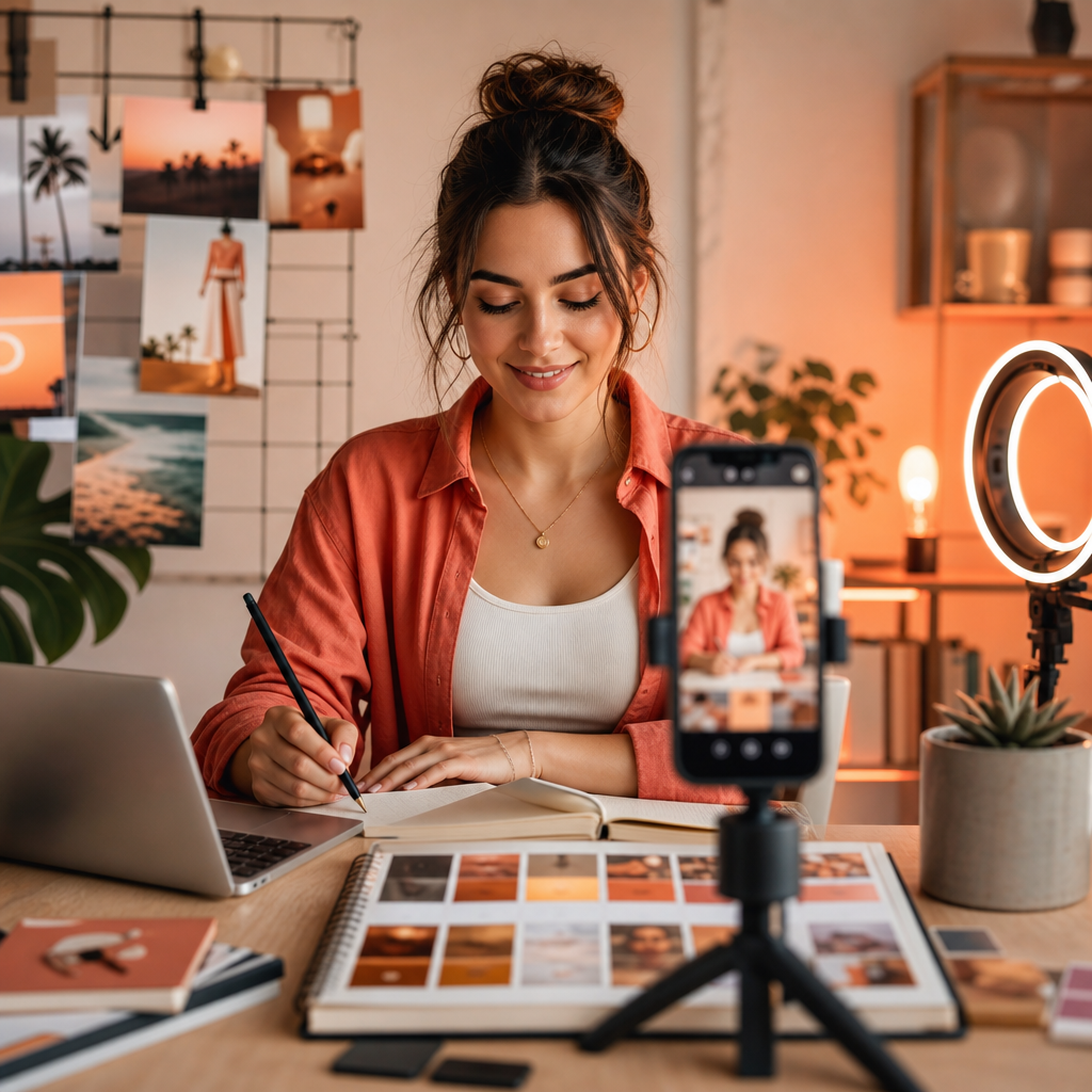 Illustratie van Instagram- en Facebook-logo’s met AI die een fotogalerij scant op leeftijdssignalen.