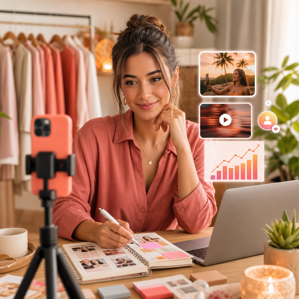 Interface do app Instagram com conceito do recurso Instants e ferramentas de conteúdo para criadores