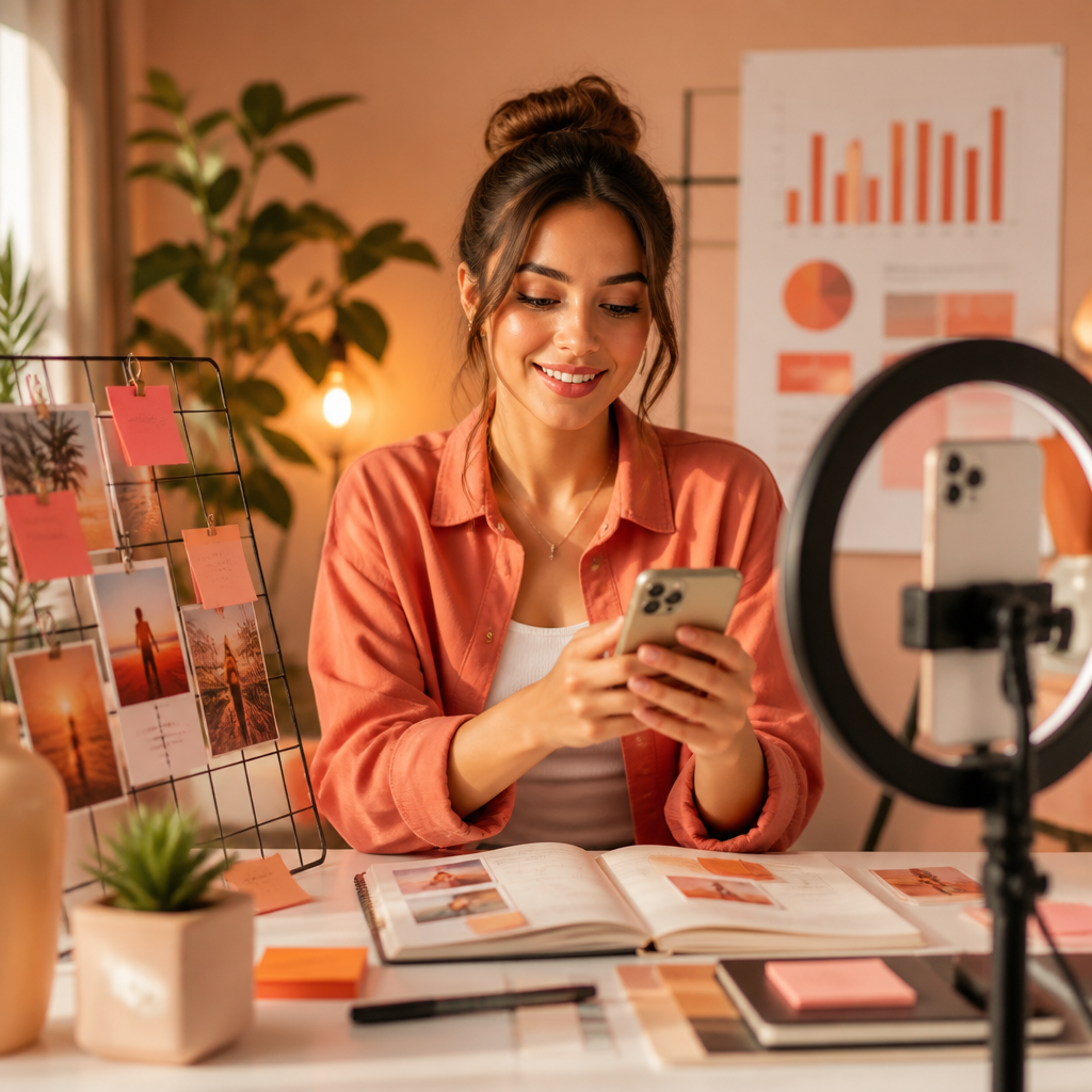 Smartphone exibindo um vídeo do Instagram Reels com sobreposição de analytics