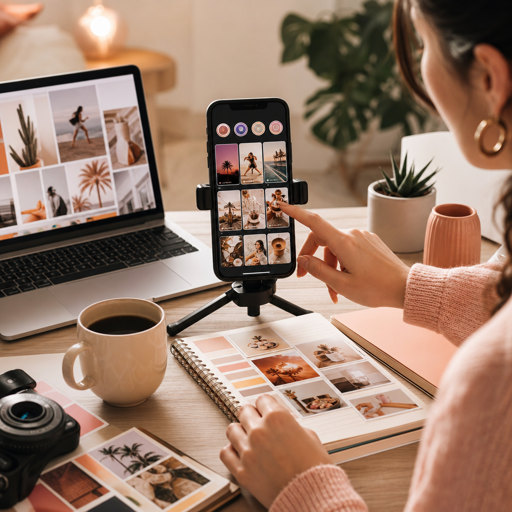 Instagram feed, Stories ve Reels için paylaşım adımlarını gösteren dijital içerik planlama ekranı