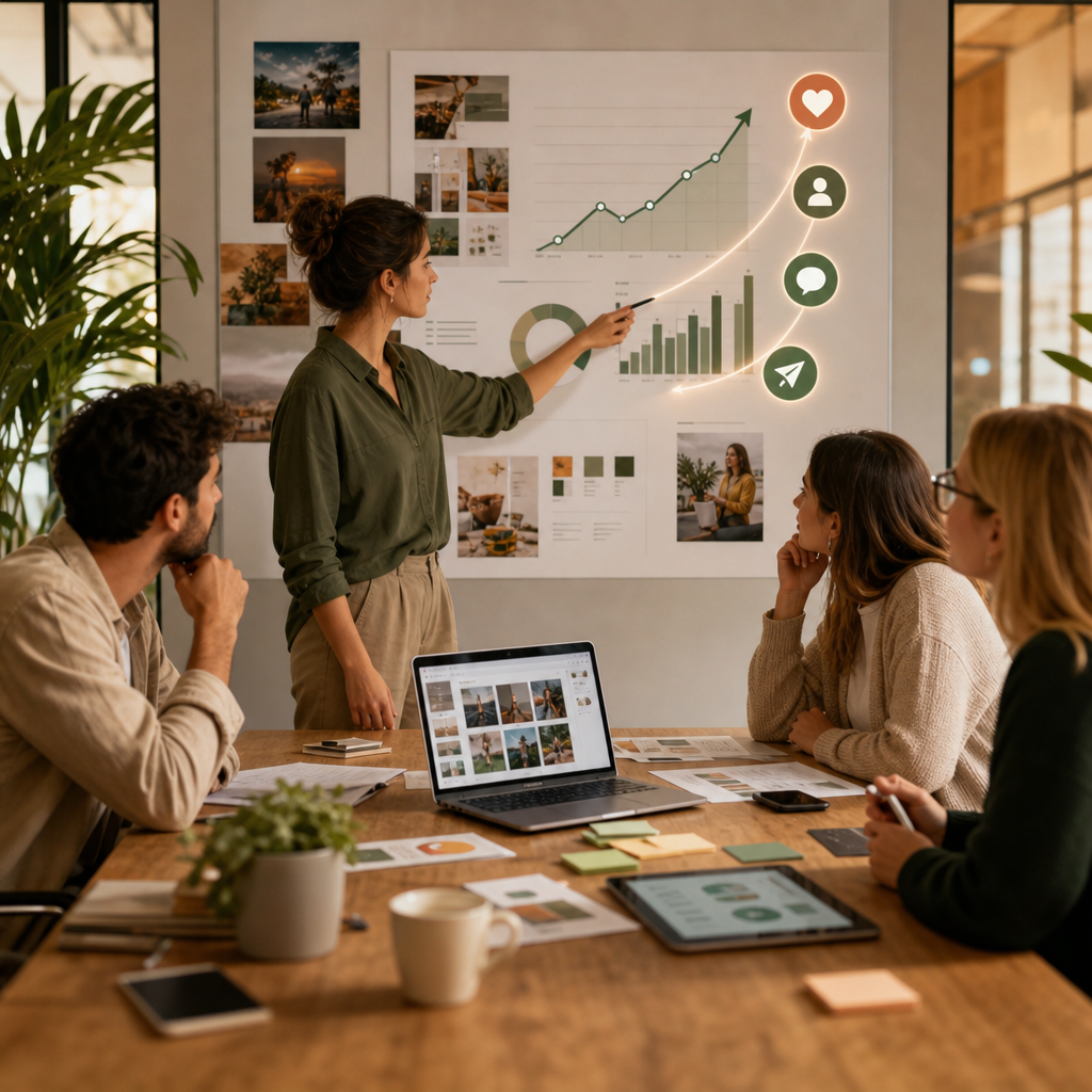 Dashboard di analytics con KPI social media, grafici di crescita e trend di performance