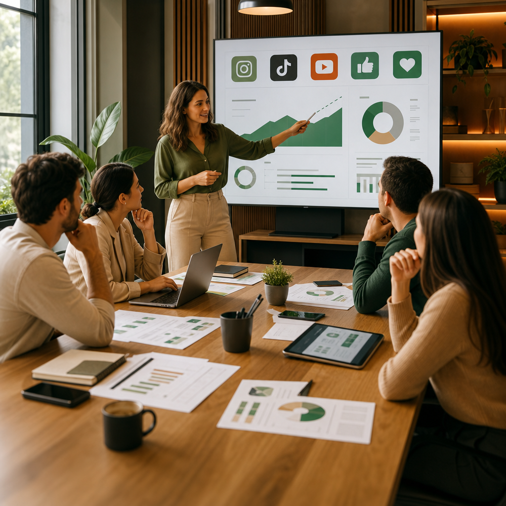 Painel de analytics com gráficos de KPIs de redes sociais e tendências de desempenho em 2026