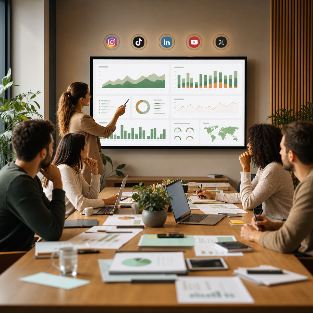Tableau de bord analytique montrant les KPI des réseaux sociaux et les tendances de performance