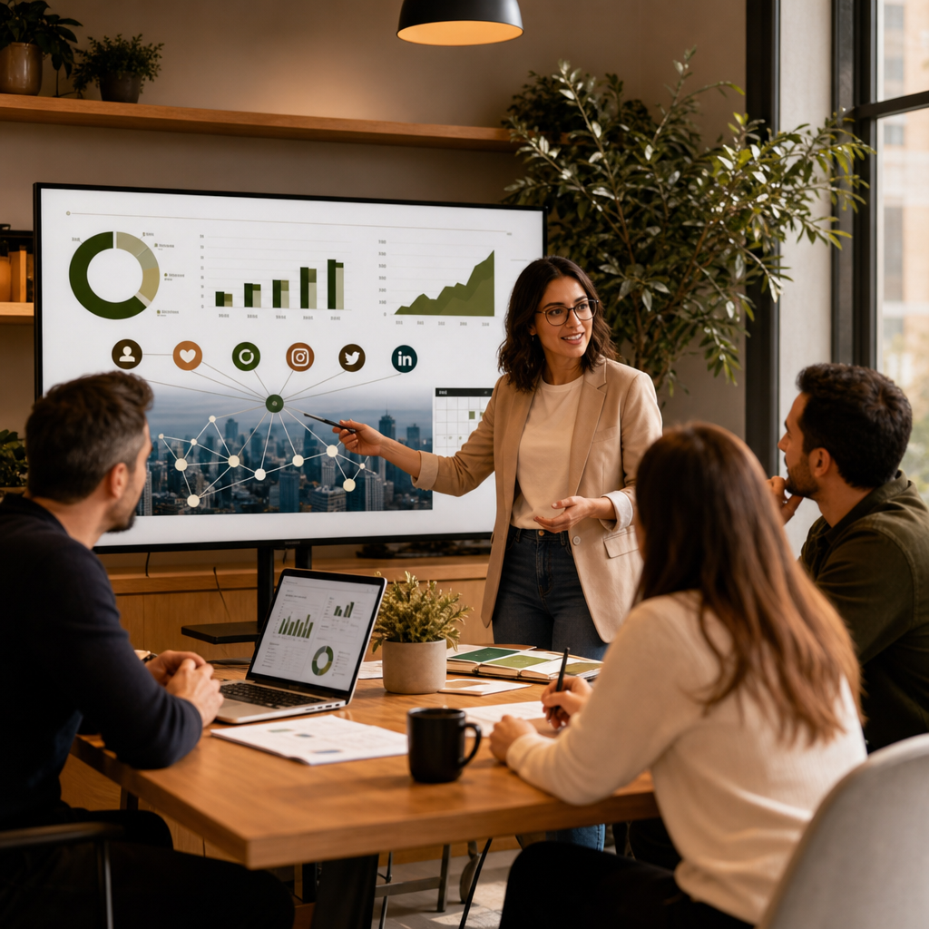 Klein zakelijk team dat een LinkedIn-marketingstrategie plant op een dashboardscherm