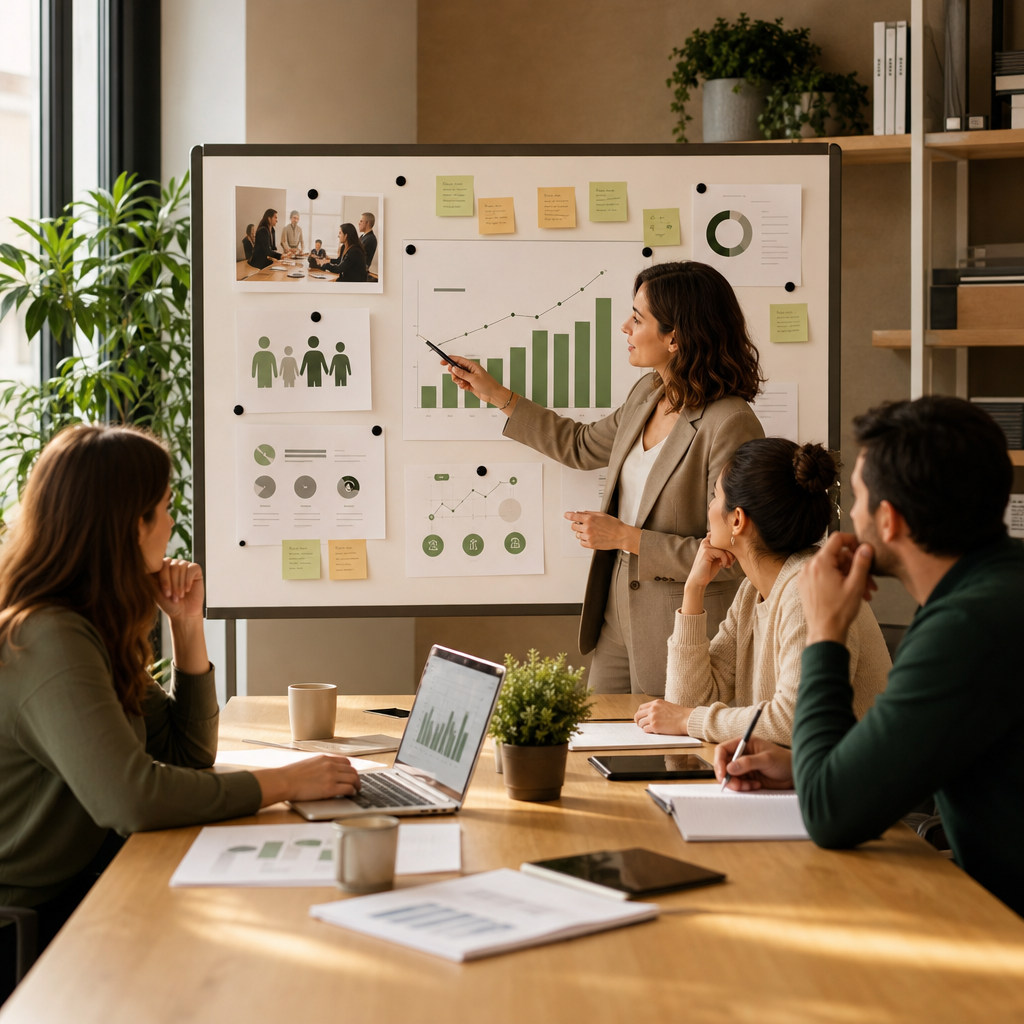 Équipe de petite entreprise planifiant une stratégie LinkedIn sur un tableau de bord