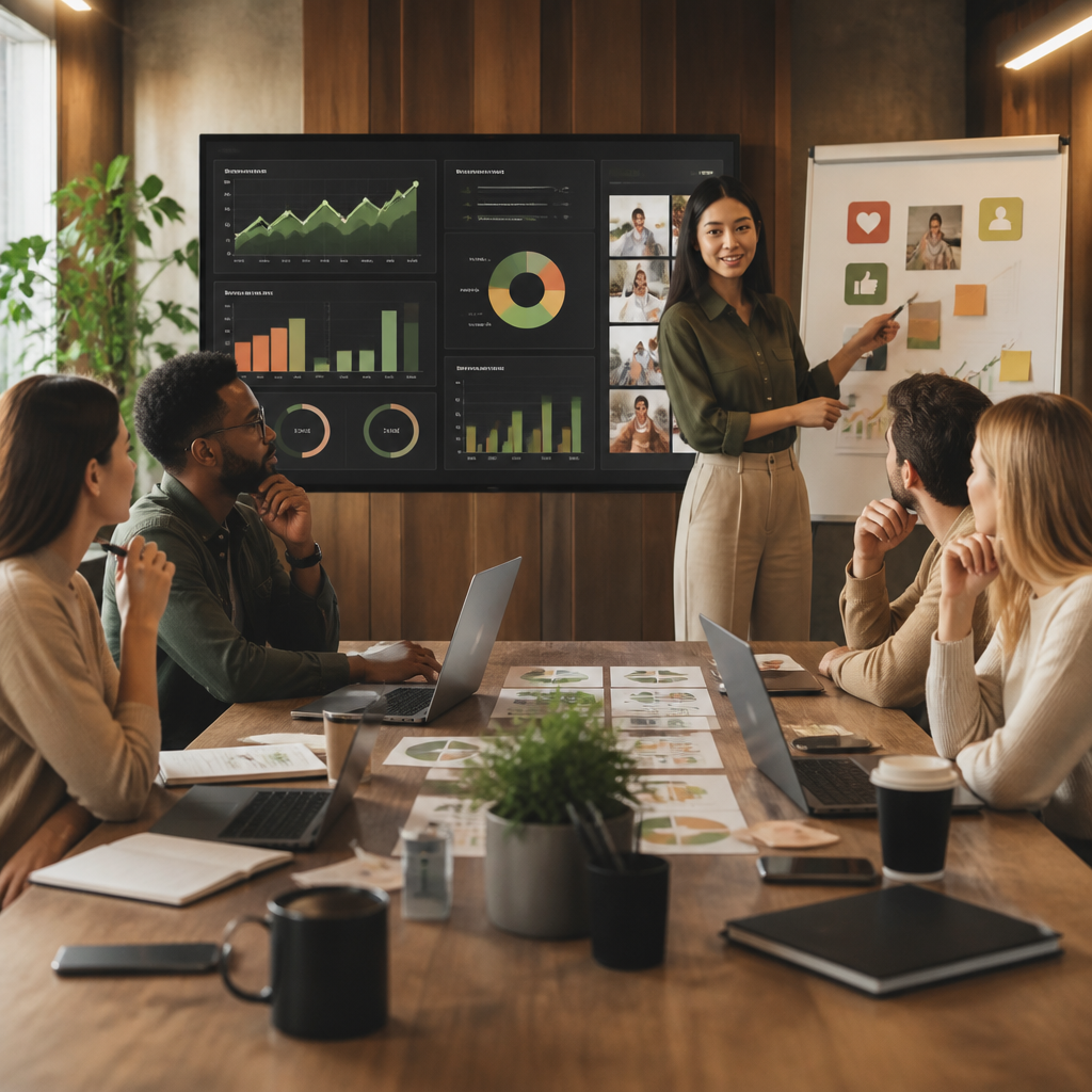Profissional de marketing analisando métricas de engajamento em dashboard de redes sociais