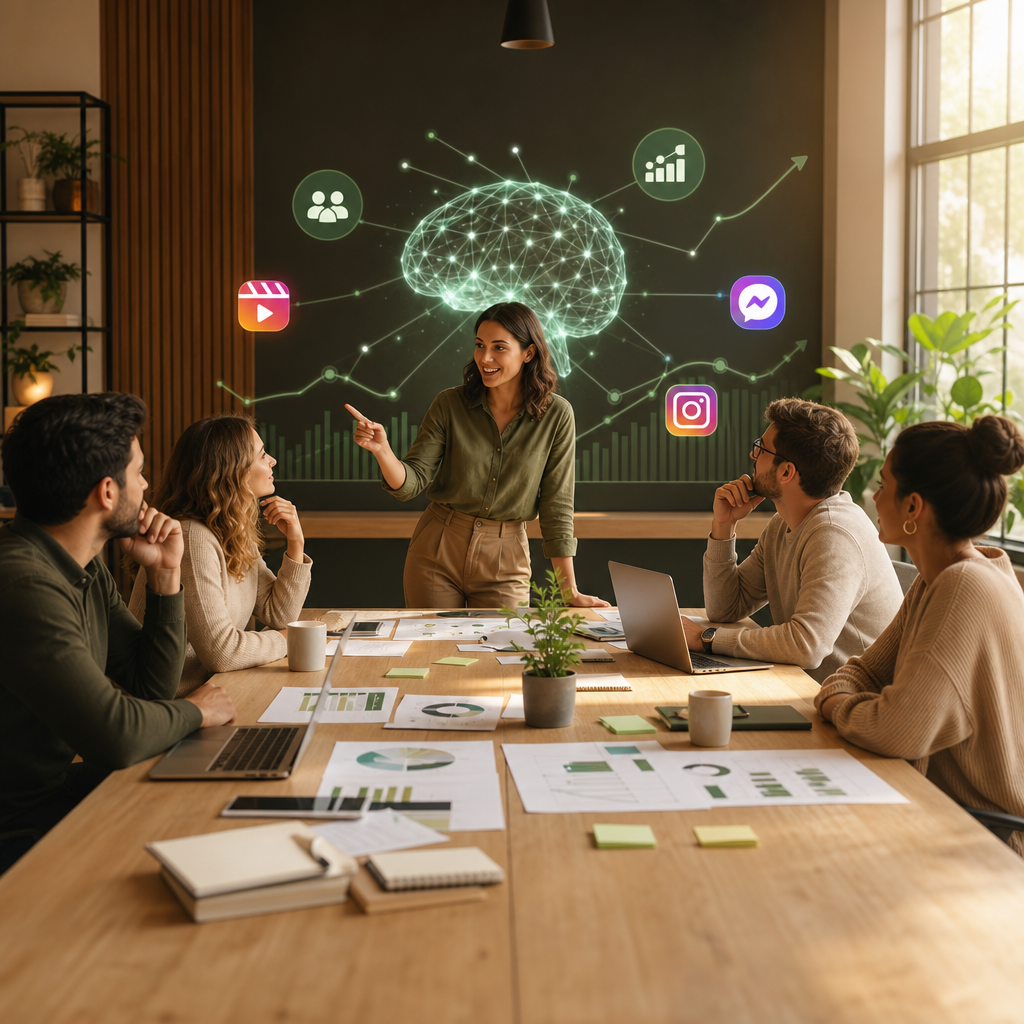 Illustratie van Meta AI-advertenties op een socialmediadashboard met marketinganalyses