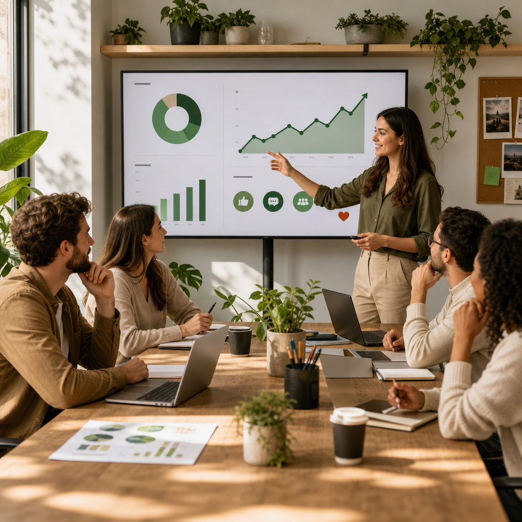 Team marketing che analizza performance di campagne e metriche social su una dashboard