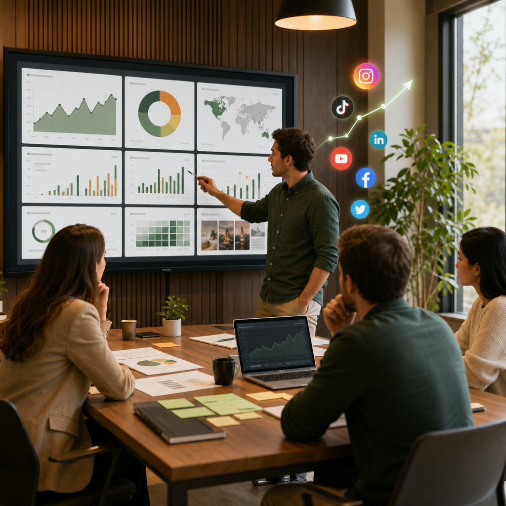 A modern social media dashboard layout with charts, KPIs, and reporting widgets