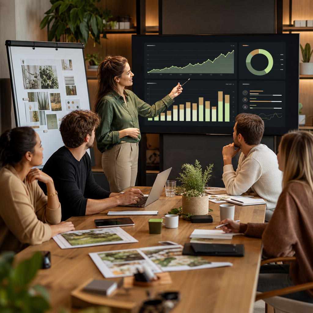 Team bespreekt social media doelen, KPI’s en dashboardprestaties voor de planning van 2026