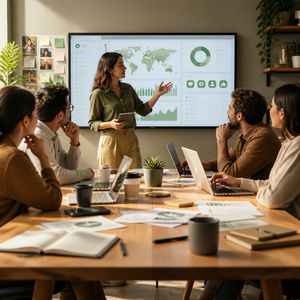 Equipo analizando tablero de escucha en redes y métricas de engagement