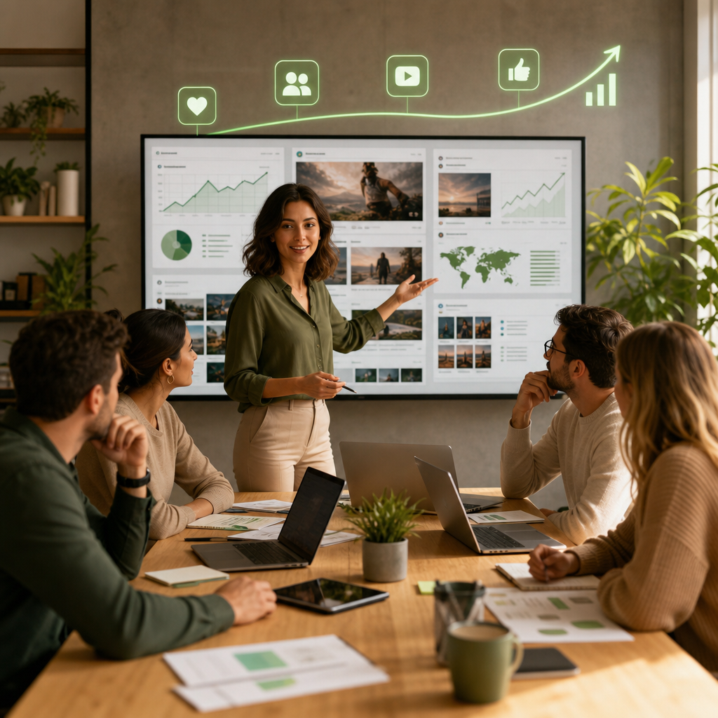 Analist bekijkt socialmediaprestaties van concurrenten met Claude AI op een dashboard