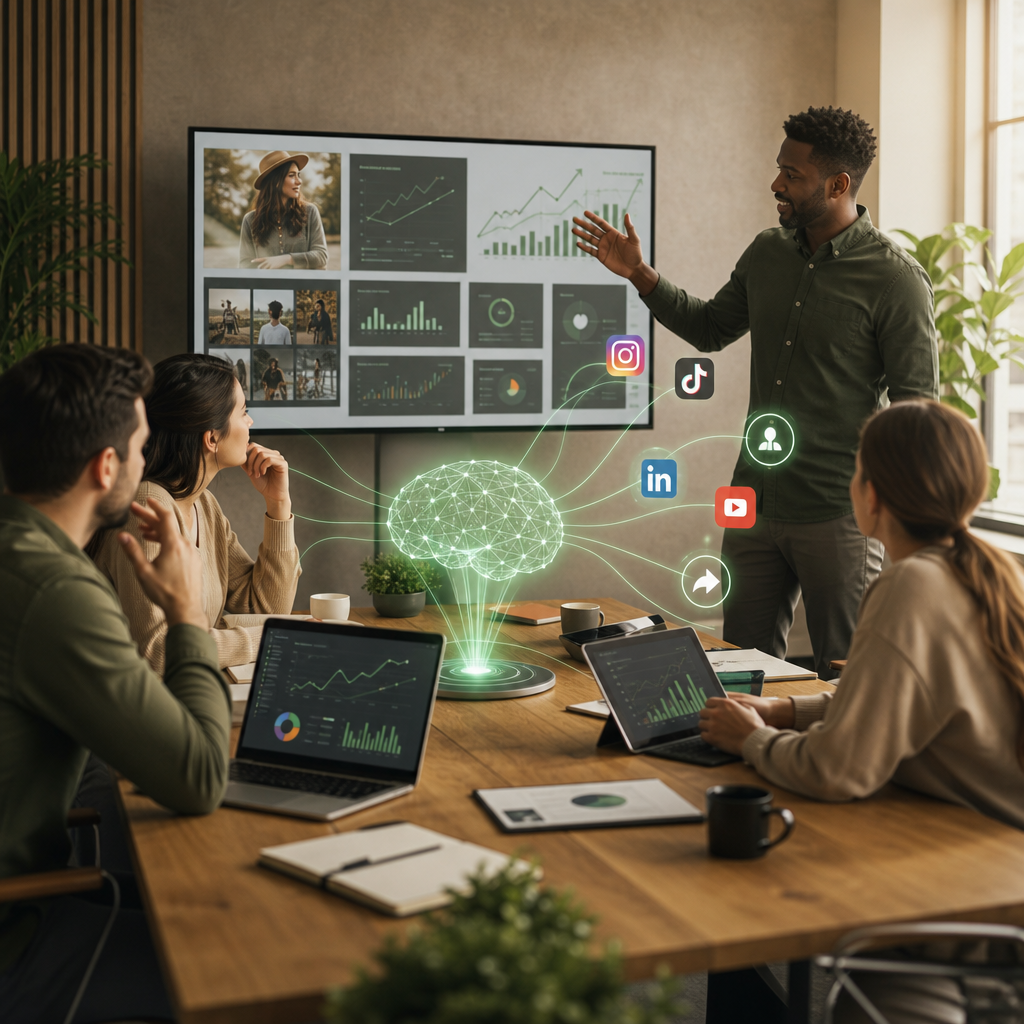 Team gebruikt AI-tools om een social media marketing strategie te plannen over content, analytics en publicatieflows.