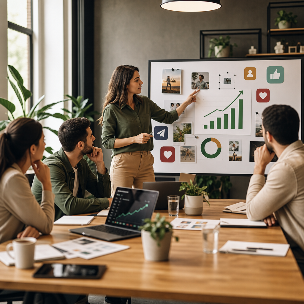 Team plant eine Social-Media-Outreach-Kampagne mit Analytics und Nachrichtenvorlagen auf einem Laptop-Bildschirm