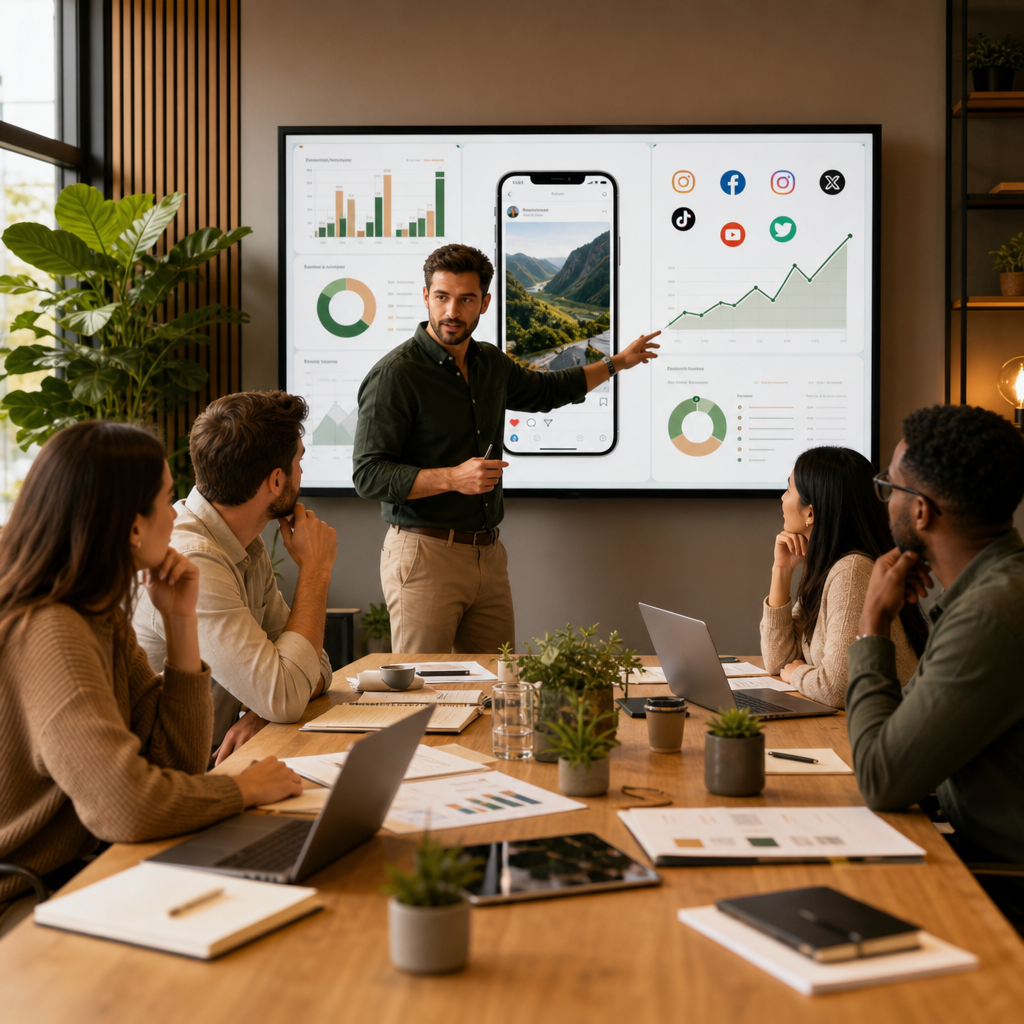 Marketing-Team analysiert Kampagnendaten und Social-Media-Performance auf einem Dashboard