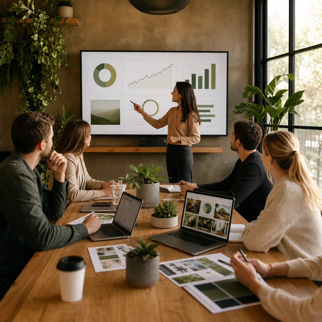 Marketingteam bekijkt campagne-analyses en socialmediaprestaties op een dashboard