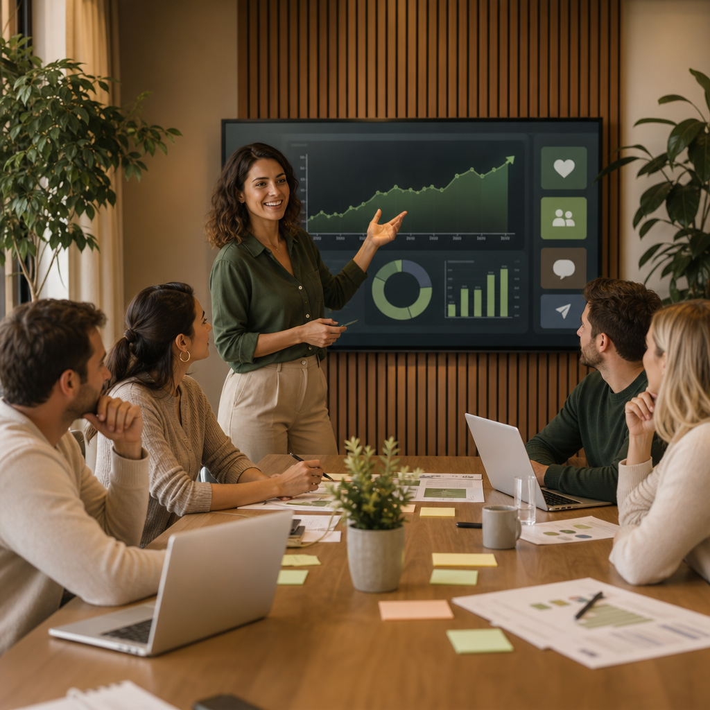 Team prüft Social-Media-Ziele, KPIs und Performance-Dashboards für die Planung 2026